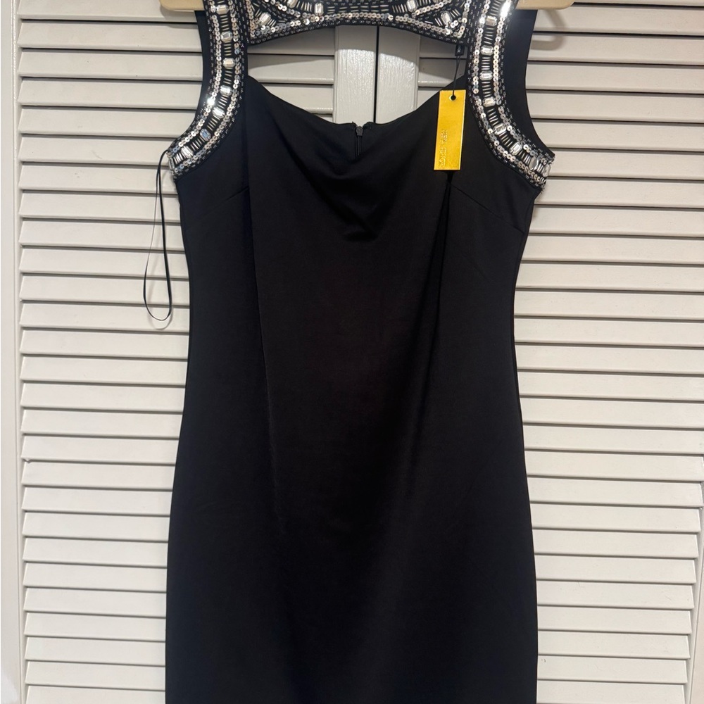 Alexia Admor Black Sleeveless Sheath Dress with Silver Embellishments